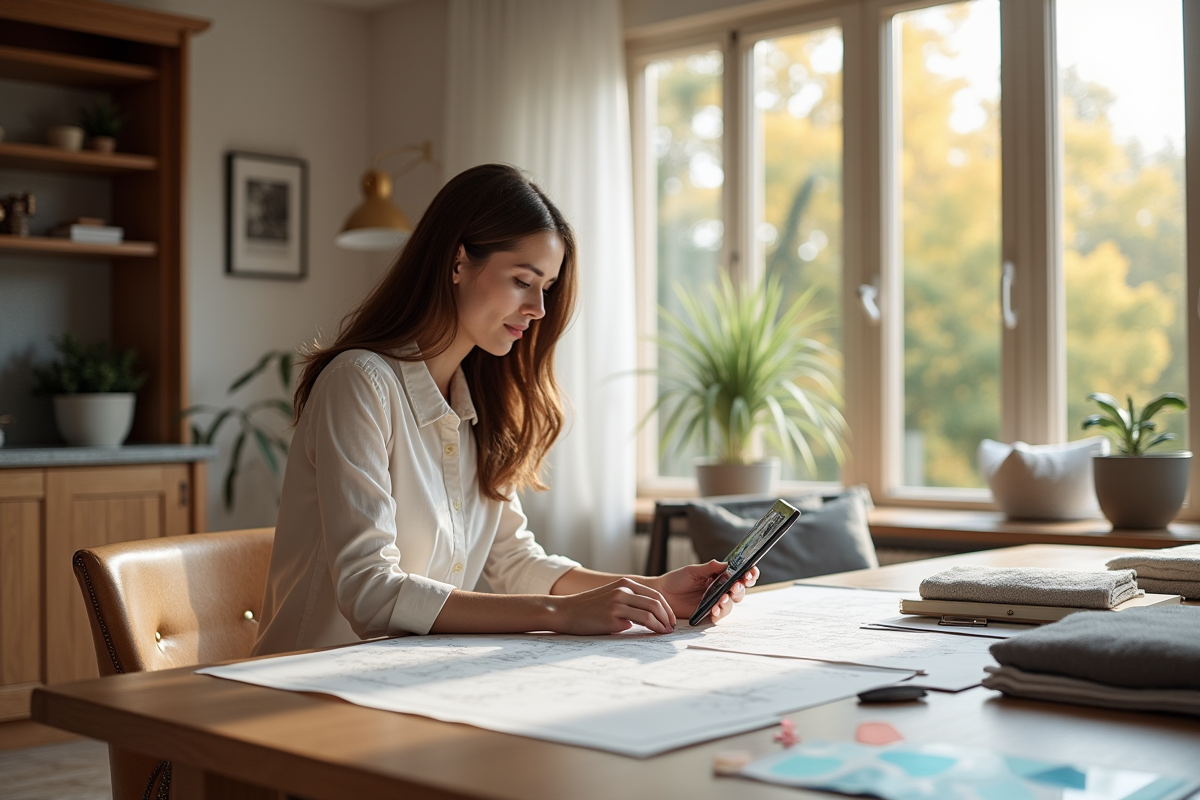 Decorateur interieur travaillant sur plans dans appartement lumineux