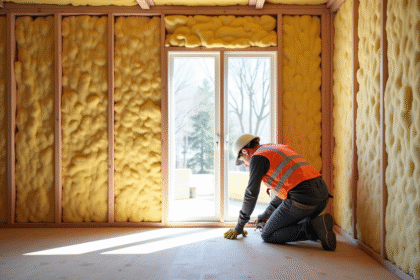Installateur isolant posant laine mineral dans mur maison