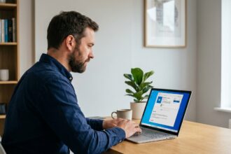 Homme achetant Windows 10 en ligne sur un ordinateur portable dans un bureau à domicile moderne