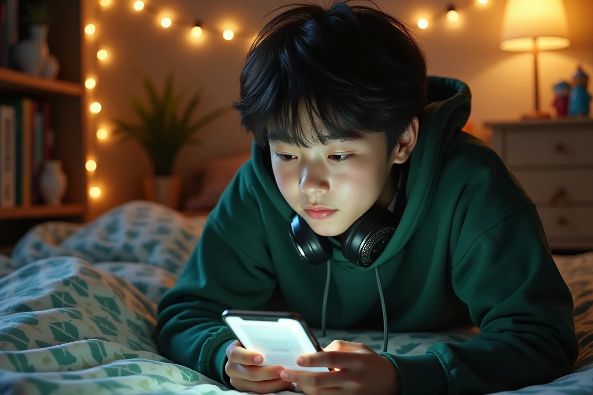 Adolescent lisant des mangas sur smartphone avec une application fluide et sans publicité
