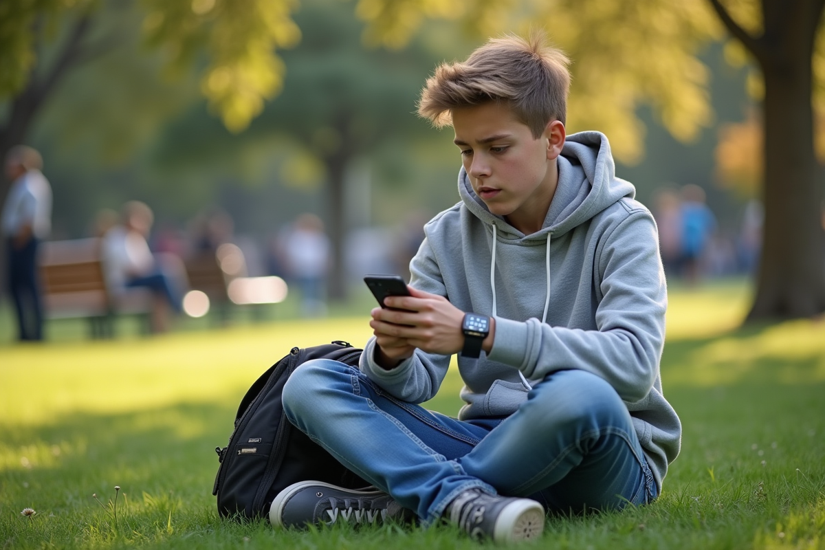 Adolescent en hoodie dans un parc avec smartphone et montre