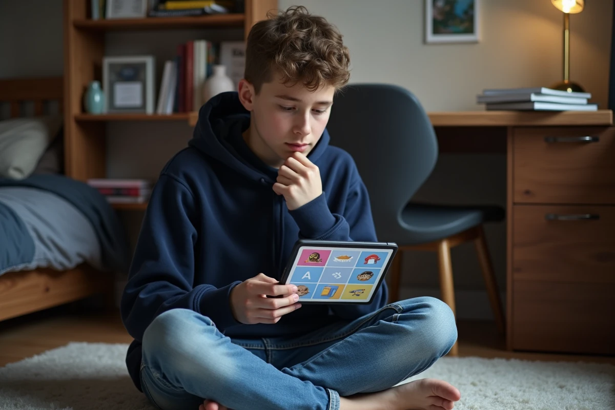 Adolescent cherchant la solution à un puzzle 4 images 1 mot à 9 lettres sur tablette dans sa chambre