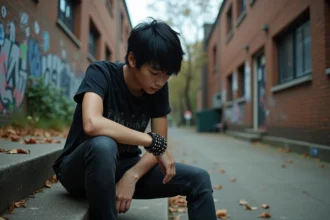 Adolescent au style emo assis sur des marches en béton, vêtu d'un t-shirt de groupe noir et d'un jean slim, exprimant une attitude introspective