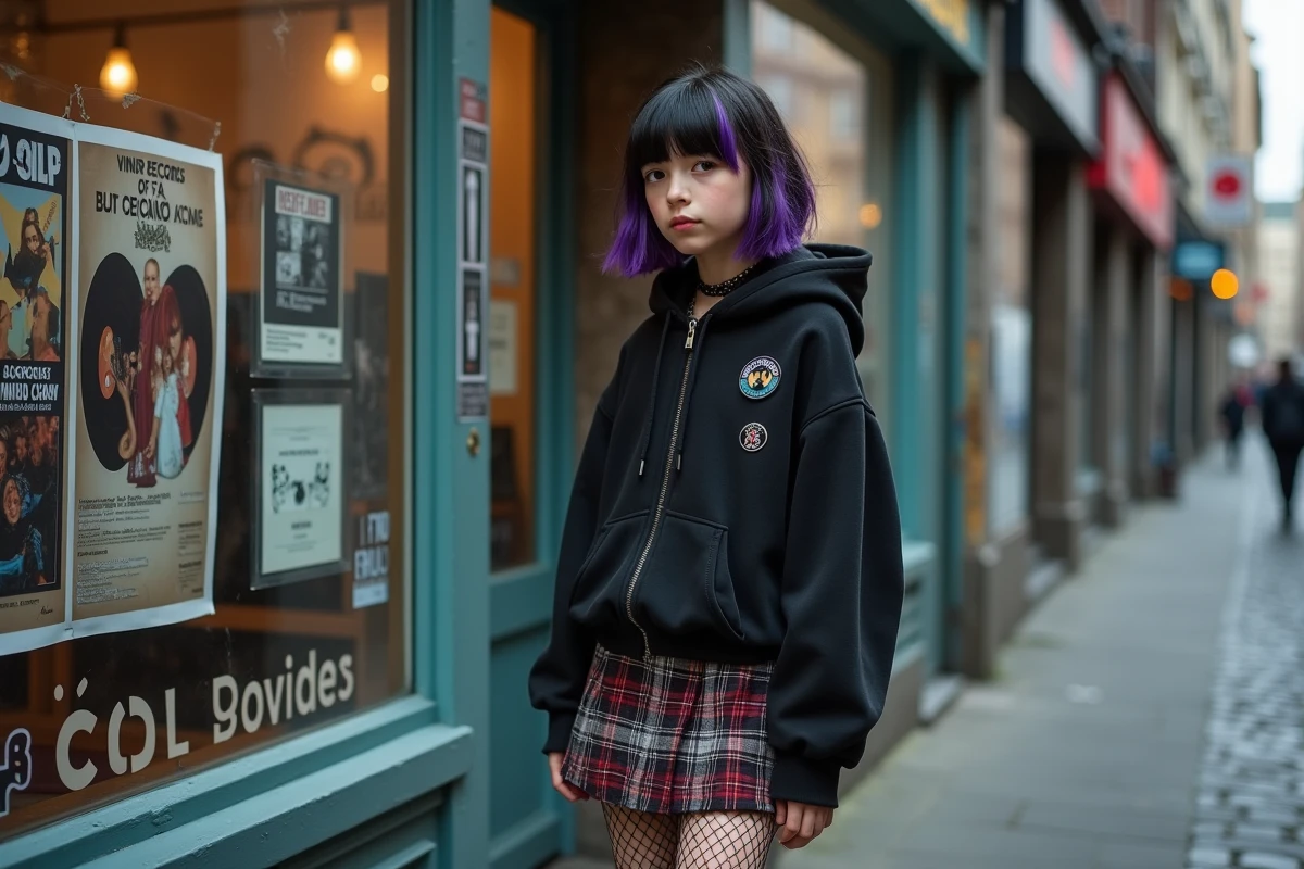 Adolescente au style emo devant un magasin de disques vinyles, arborant une jupe écossaise, des collants résille et des épingles émaillées sur son sweat noir