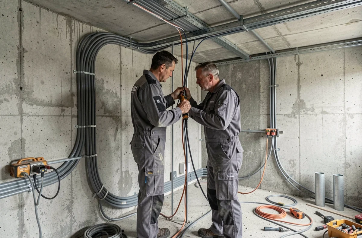 Deux électriciens d'AFM Bruckert travaillant sur une installation électrique générale dans un chantier commercial