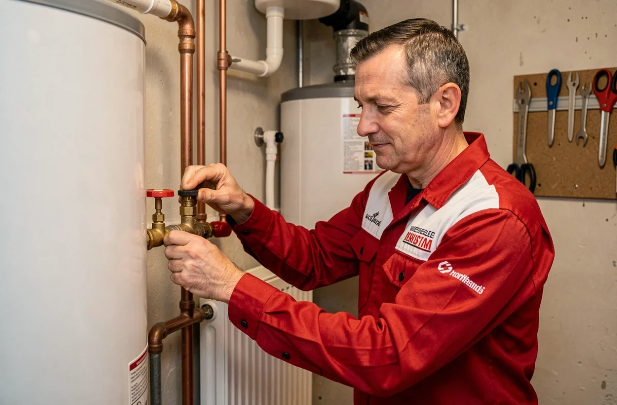 Technicien Alliance Plomberie Chauffage réglant un ballon d'eau chaude et un radiateur
