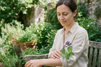 Femme appliquant des herbes aromatiques naturelles comme la lavande sur sa peau pour repousser les moustiques dans un jardin