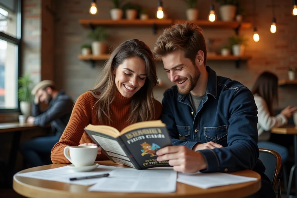 Deux amis dans un café consultant un guide chronologique des films Disney avec des listes imprimées sur la table