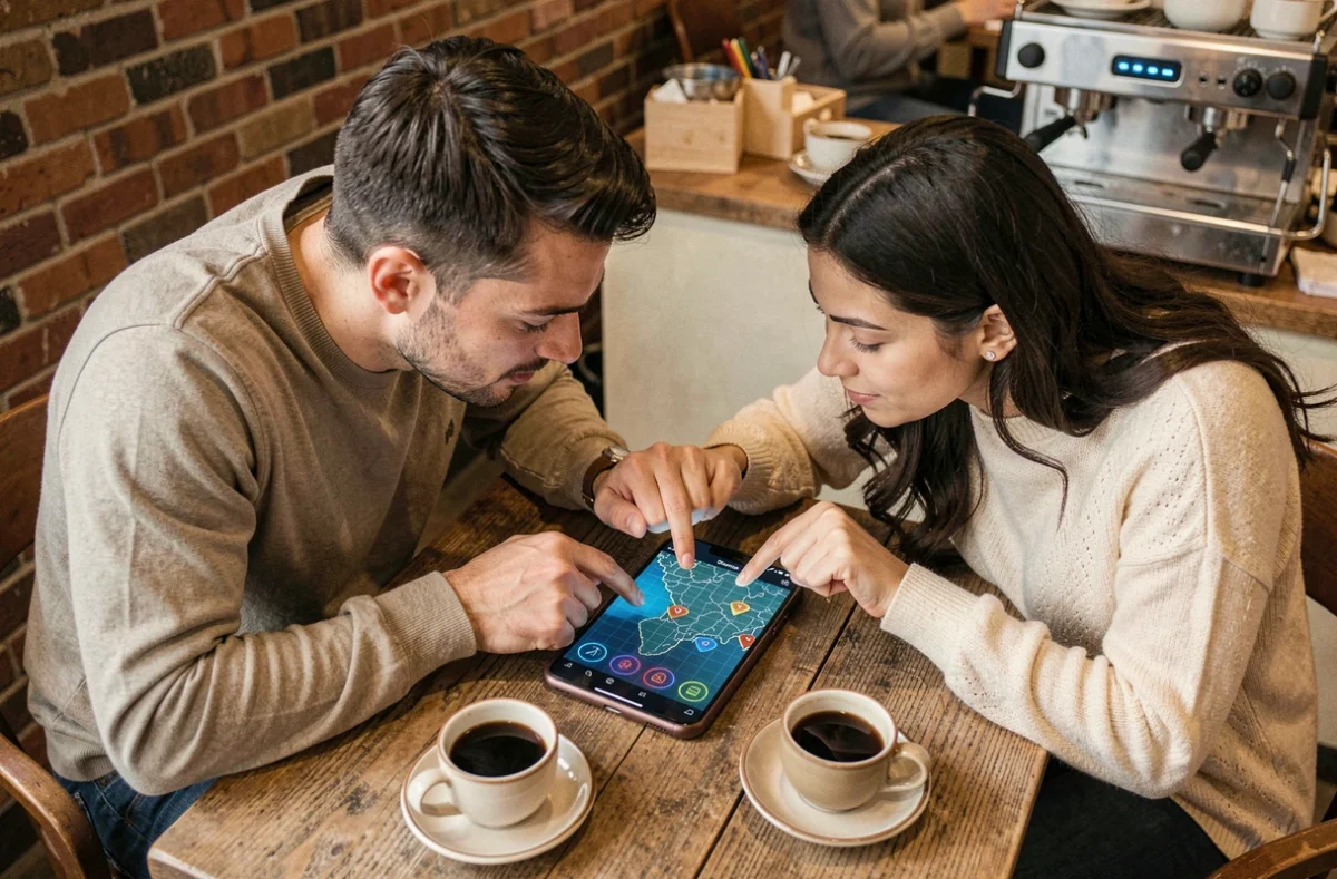 Deux amis analysant ensemble la carte des portails DOFUS sur smartphone dans un café