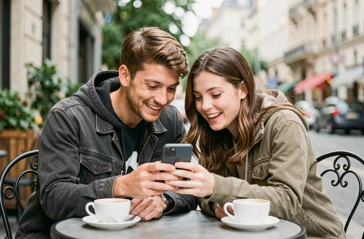 Deux amis débutants partageant des liens Monopoly GO gratuits sur smartphone dans un café en ville