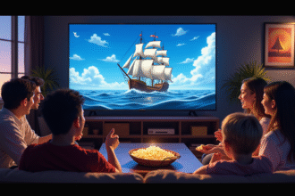 Groupe d'amis regardant un anime dans le salon avec décor nautique
