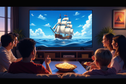 Groupe d'amis regardant un anime dans le salon avec décor nautique