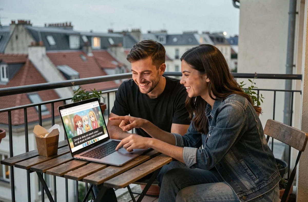 Deux amis regardant One Piece ensemble avec sous-titres français sur un balcon urbain