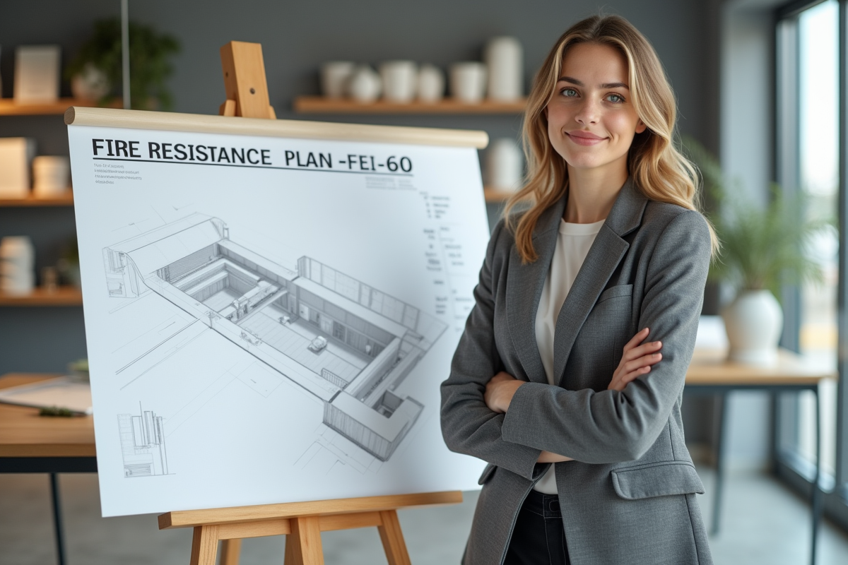 Jeune architecte avec plan de résistance au feu dans un bureau