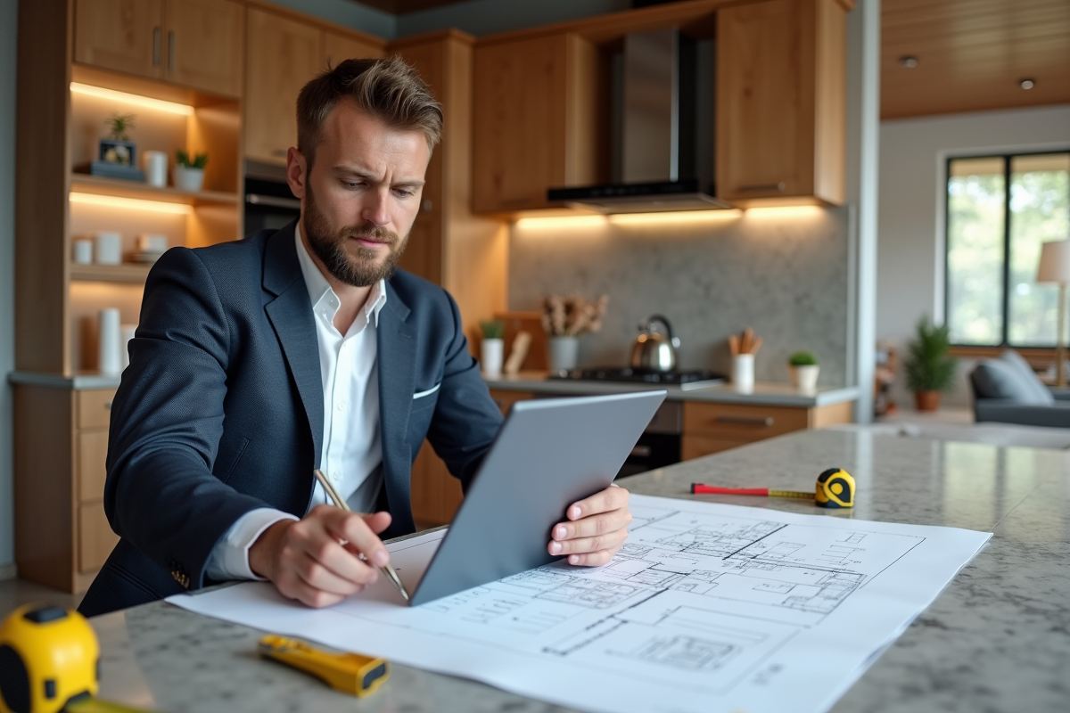Architecte examine plans dans cuisine moderne intérieure
