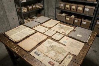 Documents historiques et archives militaires de la Seconde Guerre mondiale étalés sur une table en bois usée dans une salle de conservation muséale