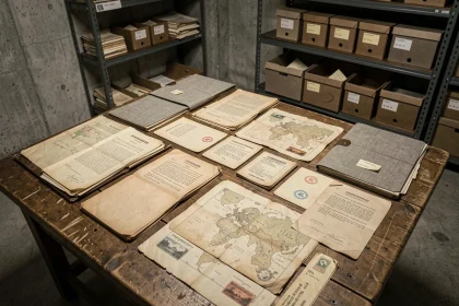 Documents historiques et archives militaires de la Seconde Guerre mondiale étalés sur une table en bois usée dans une salle de conservation muséale