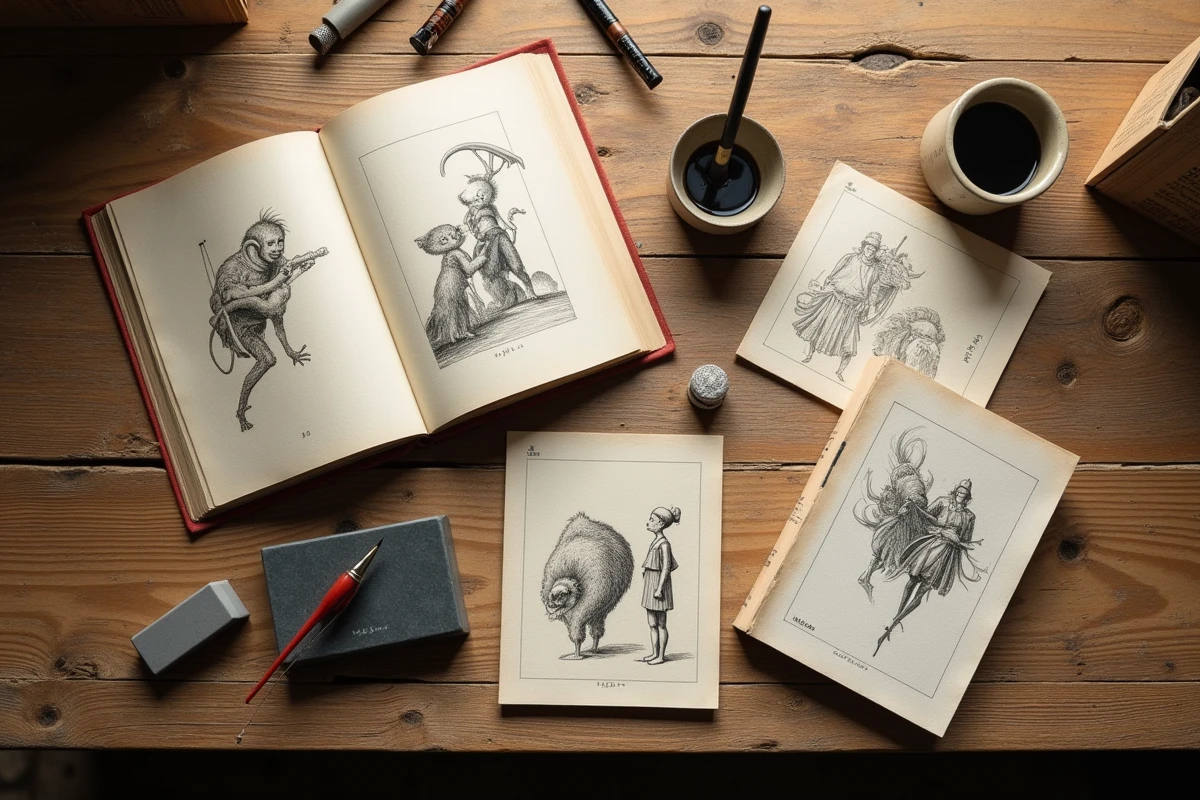 Vue à plat d'artefacts fondateurs du manga japonais incluant un tankōbon vintage, un pinceau à encre et des croquis originaux