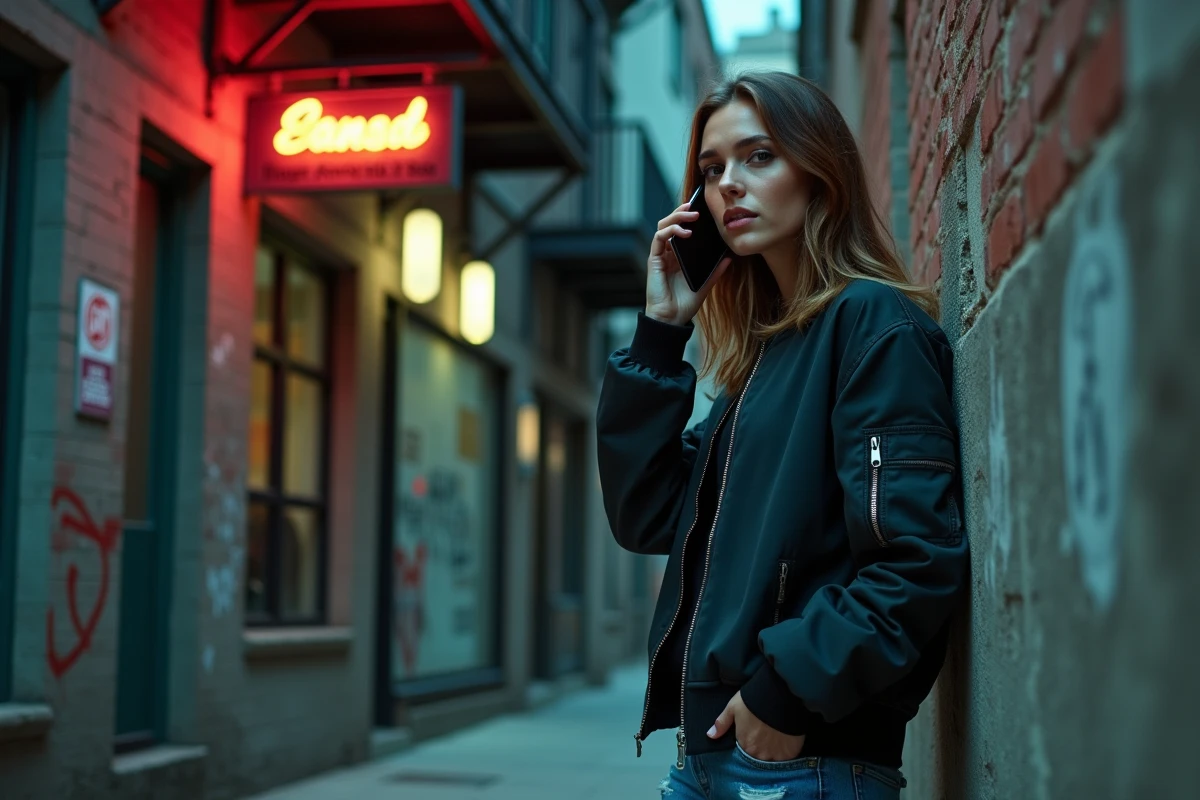 Artiste musicienne en veste bomber parlant au téléphone devant un studio d'enregistrement urbain, symbolisant les risques et les tensions liés aux fuites de musique non autorisées