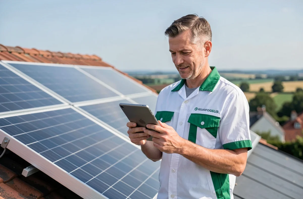 Technicien AT2C Sasu installant des panneaux solaires thermiques pour le chauffage renouvelable