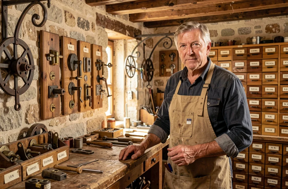 Artisan de l'Atelier Rochelais de Serrurerie dans son atelier historique entouré de ferronnerie et mécanismes anciens