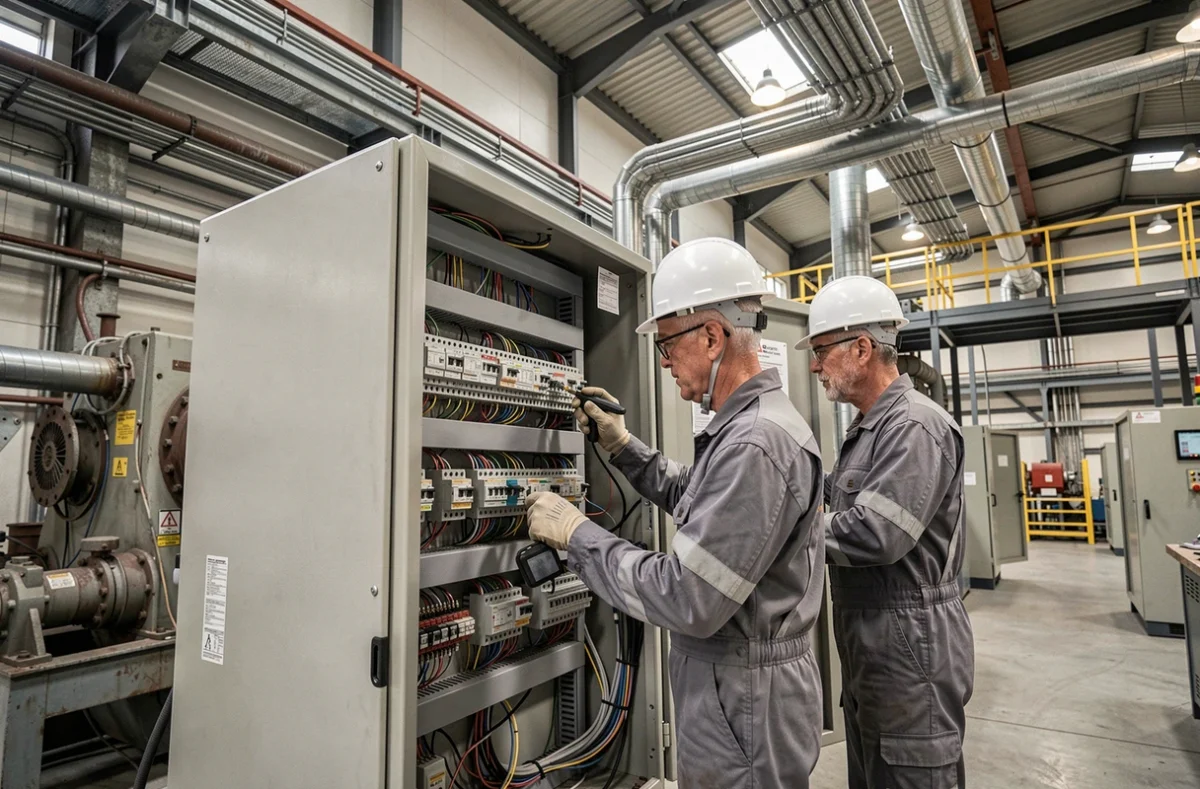 Électriciens de Berak Frères travaillant sur une armoire électrique industrielle dans une usine alsacienne
