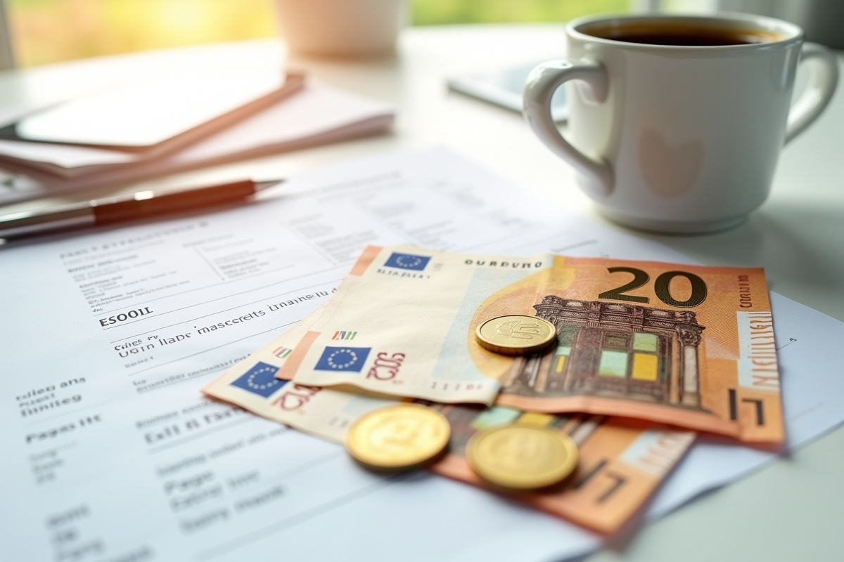 Billets et pièces d euro avec fiche de paie et café sur la table
