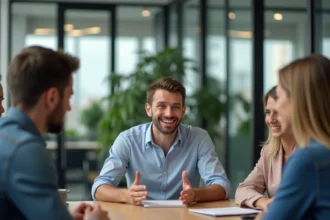 Collègues de bureau aux réactions mitigées face à une blague potentiellement gênante lors d'une réunion