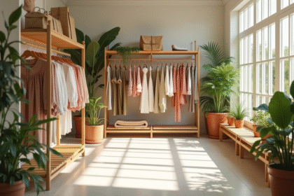Boutique lumineuse avec vêtements durables et sacs réutilisables