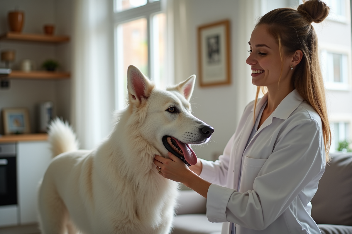 Personne brossant un chien belge shepherd dans une maison lumineuse