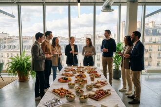 Équipe d'entreprise réunie autour d'un buffet professionnel élégant dans un bureau moderne du Grand Paris