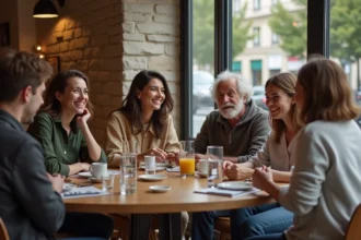Groupe divers de jeunes et seniors souriants au café parisien