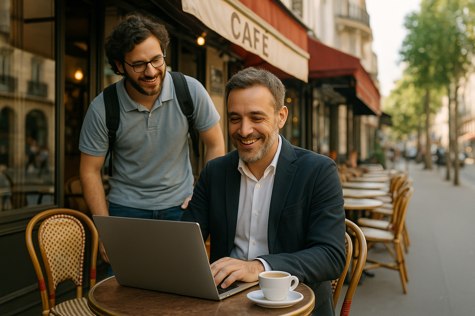 Propriétaire de PME utilisant un ordinateur dans un café parisien en journée