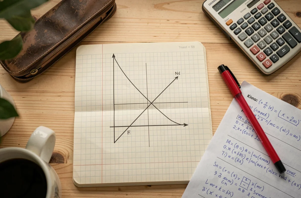 Vue de dessus d'un bureau d'étudiant avec cahier de mathématiques ouvert montrant une courbe et son équation réduite de tangente tracées à la main