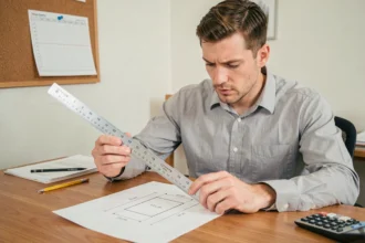 Ingénieur calculant la diagonale d'un rectangle avec une règle métallique sur un schéma technique imprimé