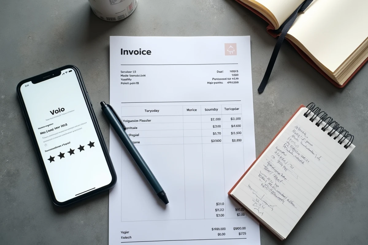 Vue en plongée d'une facture avec calcul de points de fidélité, un smartphone montrant une note cinq étoiles et un carnet de notes manuscrites sur un bureau en béton