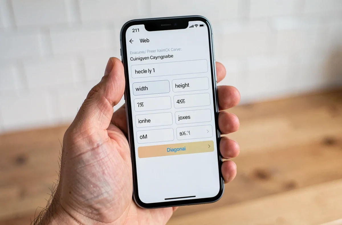 Gros plan d'un smartphone affichant une calculatrice de diagonale de rectangle en centimètres, pouces et pixels tenu dans une main