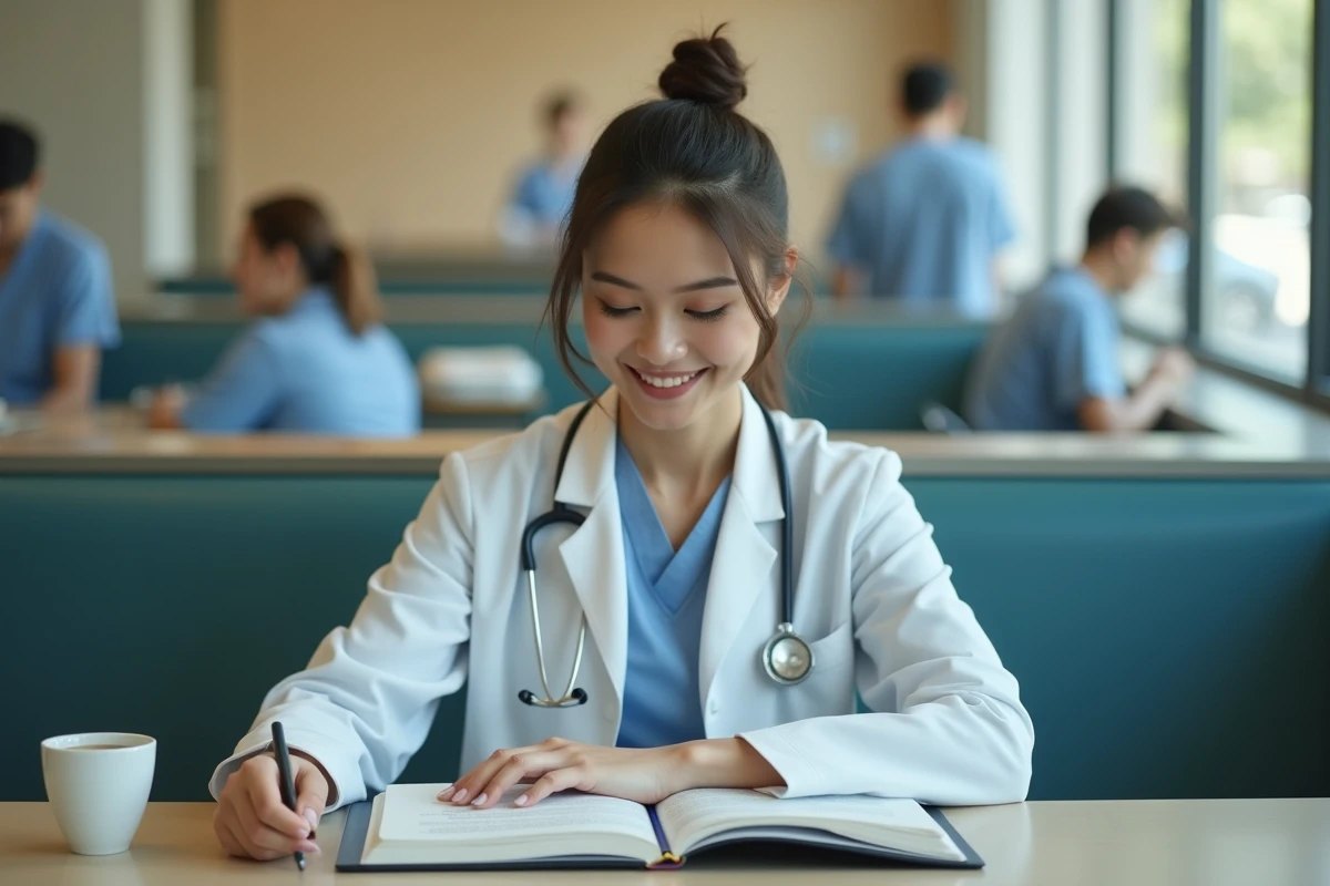 Femme médecin seule à la cafétéria d'un hôpital lisant un journal médical avec un sourire introspectif, évoquant la profondeur du personnage de Cameron