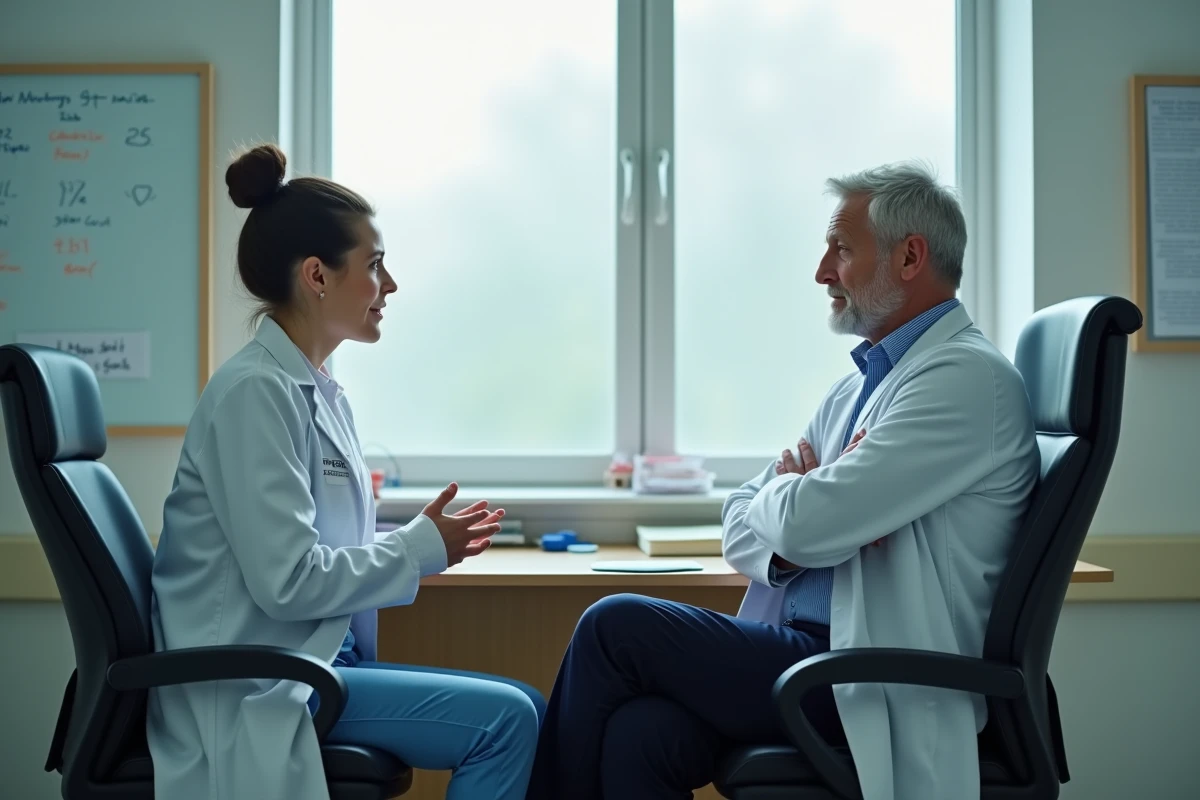 Deux médecins en discussion dans un bureau d'hôpital, femme attentive face à un homme fermé, symbolisant la dynamique entre Cameron et House
