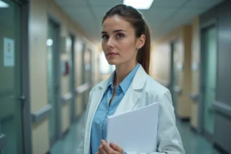 Médecin femme en blouse blanche dans un couloir d'hôpital avec une expression empathique et pensive, illustrant la relation entre Cameron et House