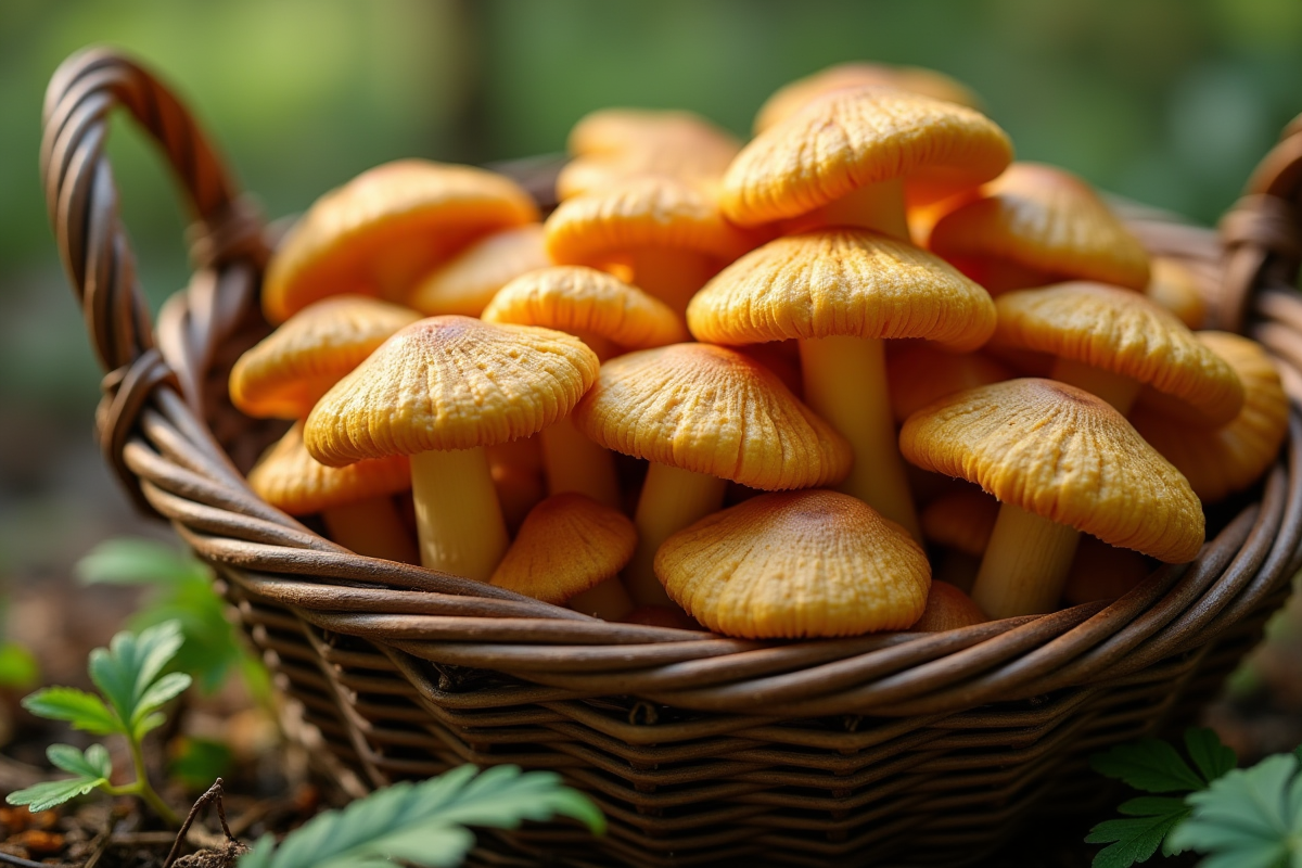 Chanterelles fraîches dans un panier en osier sur le sol forestier