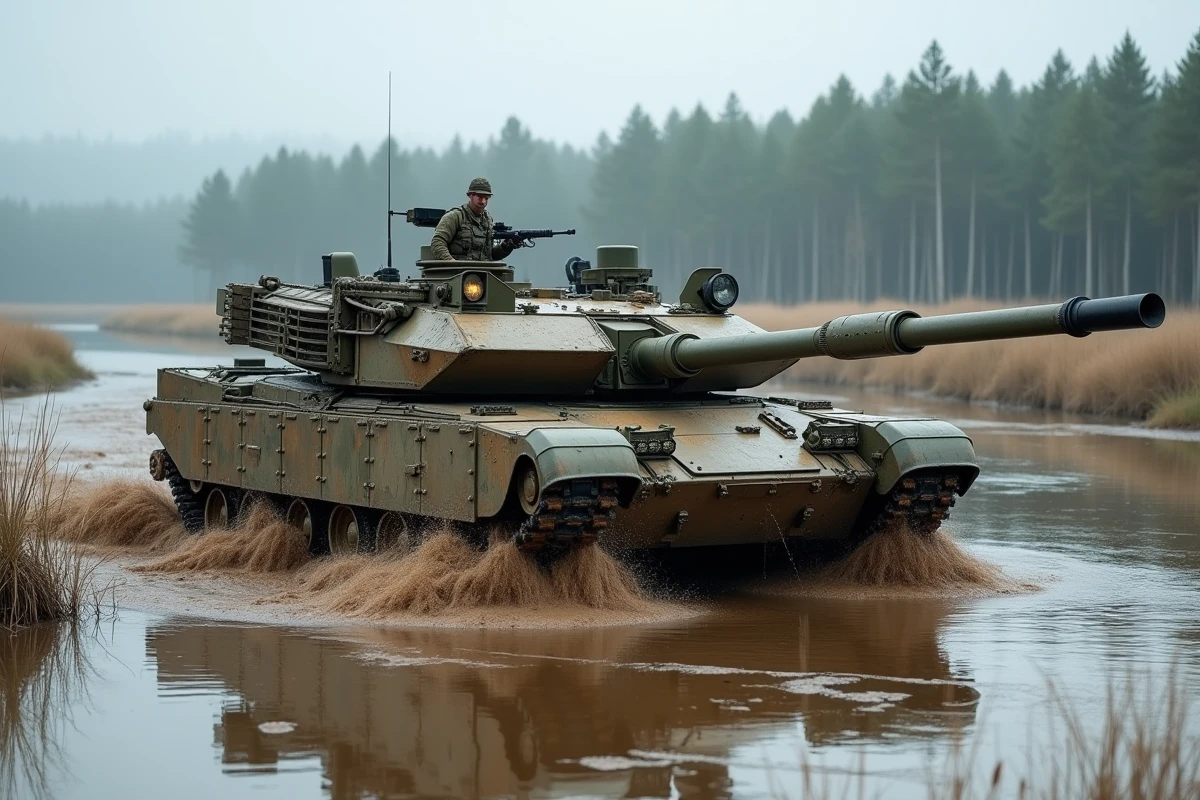 Char M1A1 Abrams traversant une rivière boueuse lors d'un exercice militaire, éclaboussures d'eau et forêt en arrière-plan