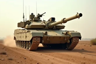 Char M1A1 Abrams en position basse sur terrain aride, vue frontale trois-quarts montrant l'armure blindée et le canon 120mm