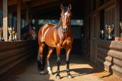 Cheval authentique dans une stalle ensoleillee avec trophées