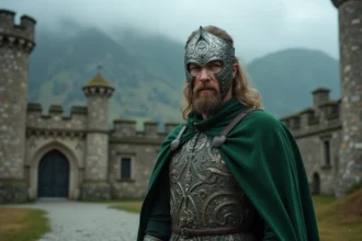 Chevalier en tunic vert et masque en métal devant un château ancien