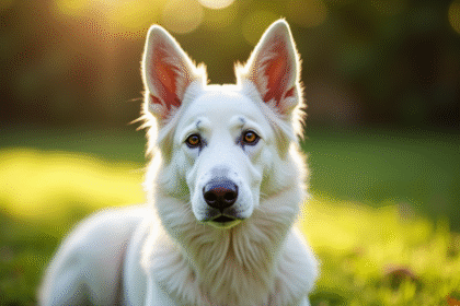 Chien belge shepherd blanc assis dans un jardin ensoleille