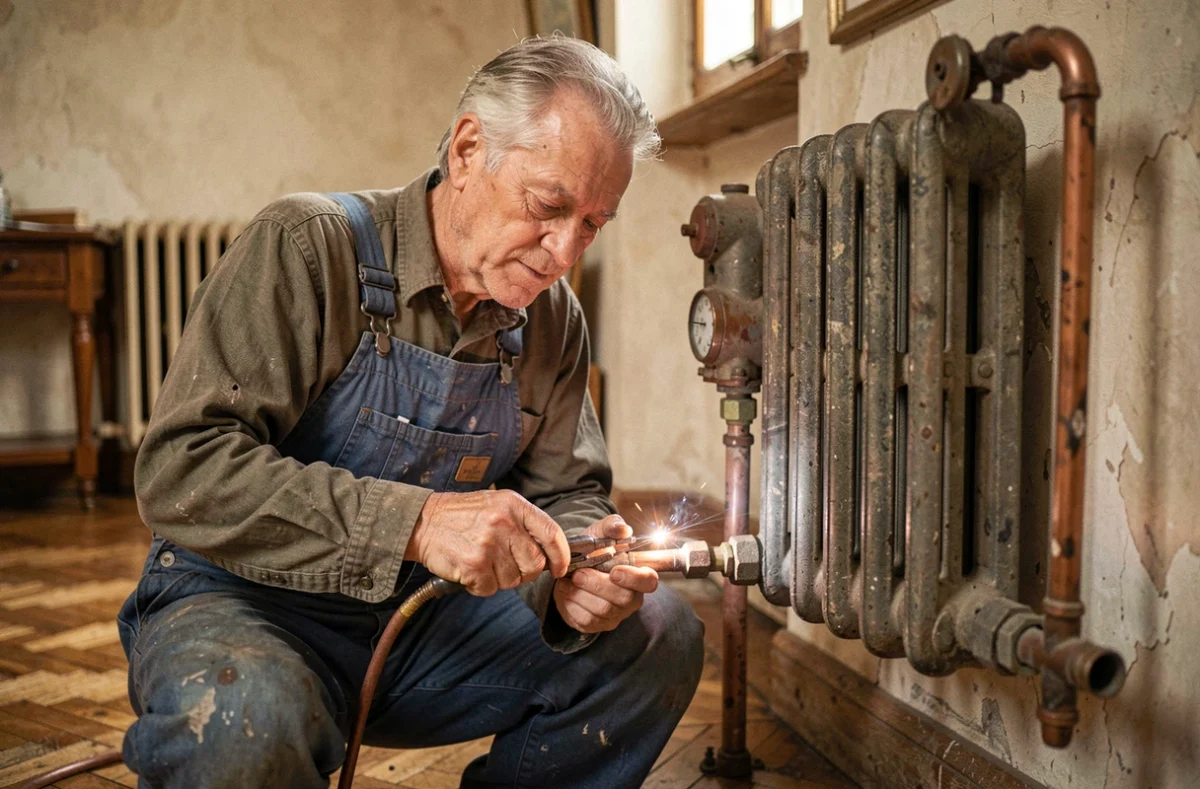 Artisan de CL Desbenoit Ets soudant des tuyaux en cuivre pour un chauffage traditionnel