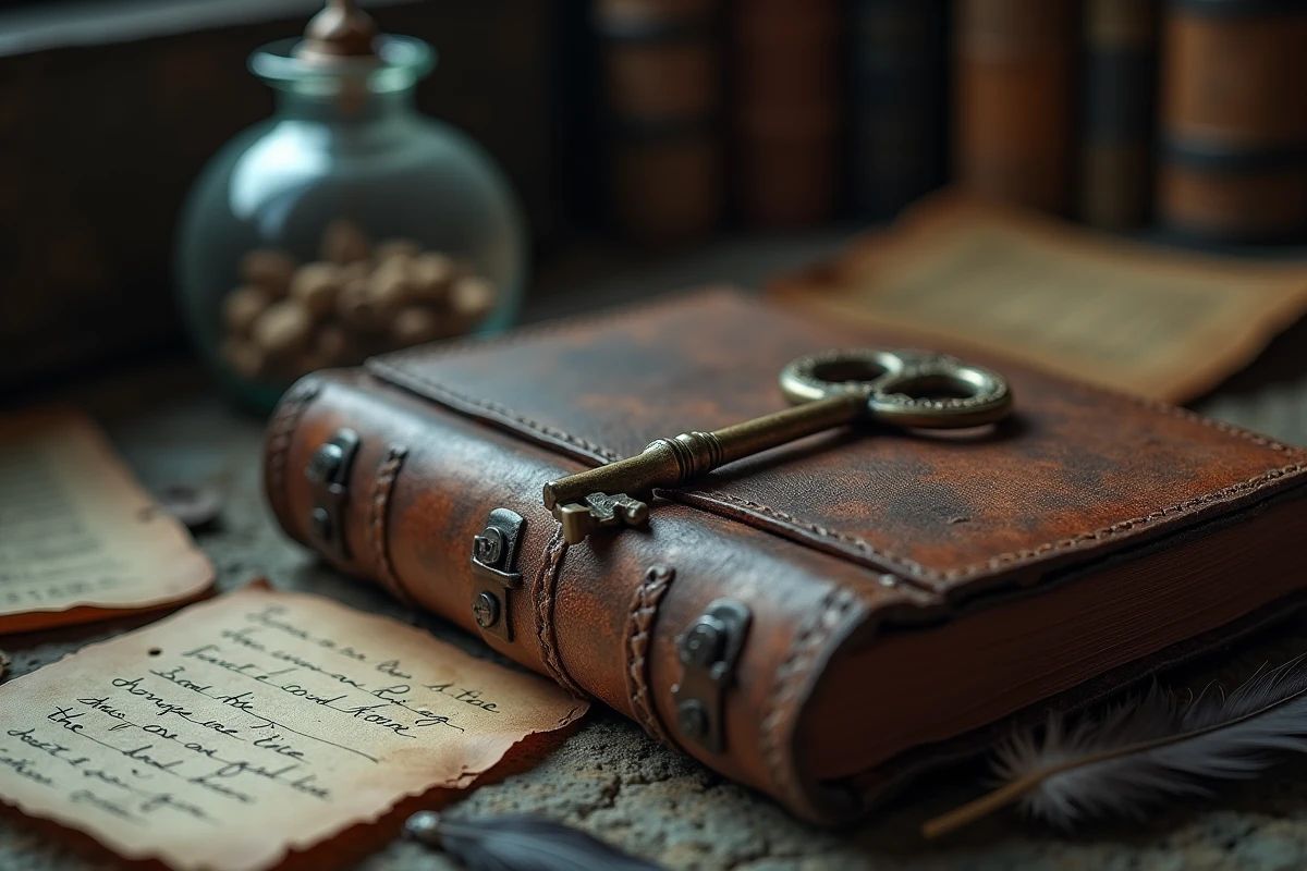 Clé en laiton ancienne posée sur un journal en cuir évoquant un secret ou un contenu déverrouillable dans un jeu