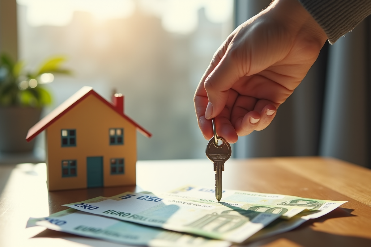 Main tenant une clé avec maison miniature et billets d euro sur table en lumière