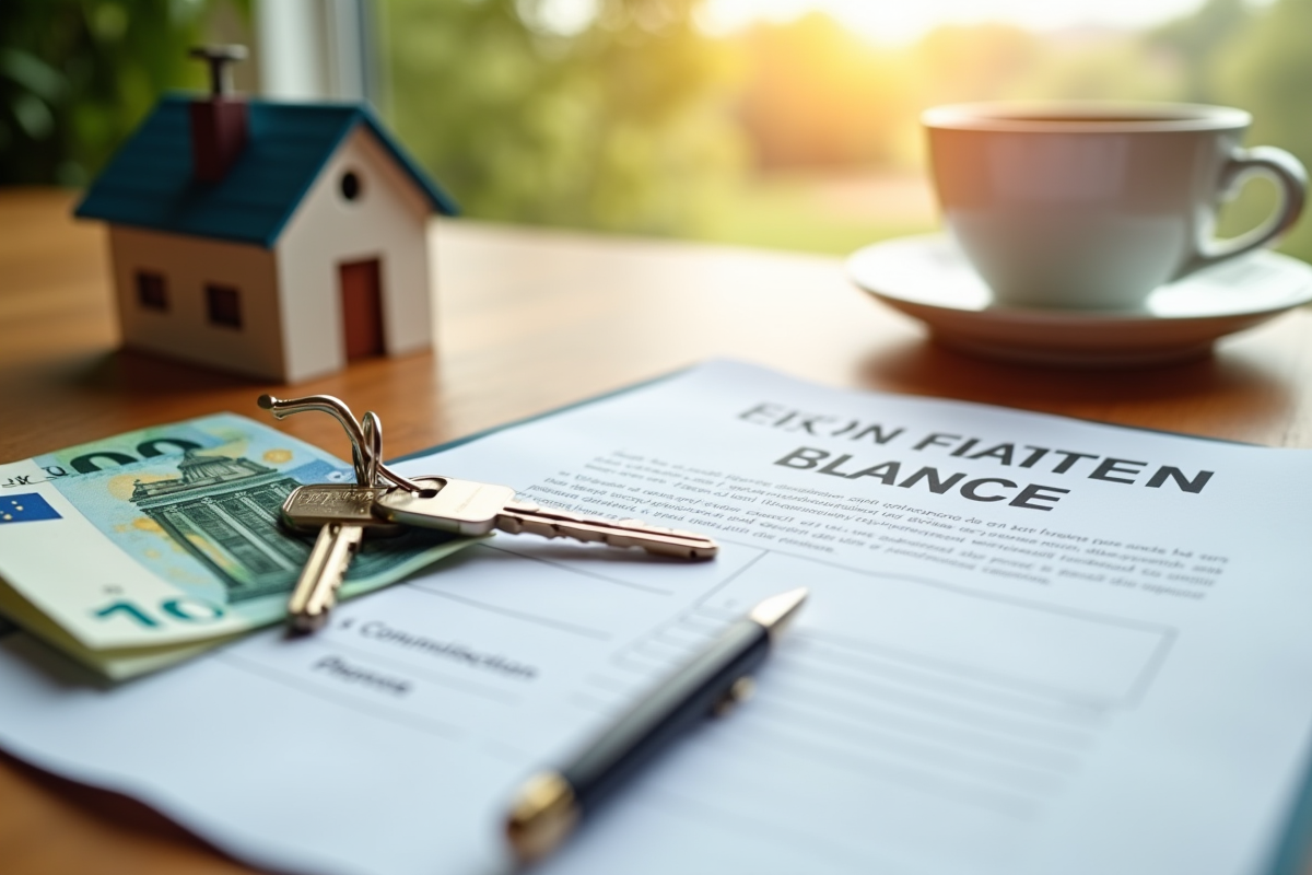 Clés de maison contrat bancaire et billets d euros sur une table en bois